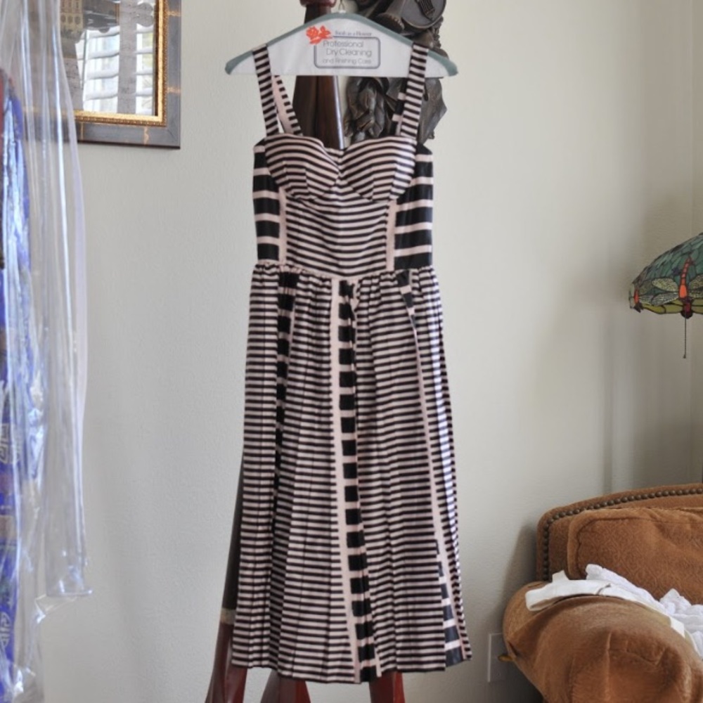 Pink and black striped bustier dress